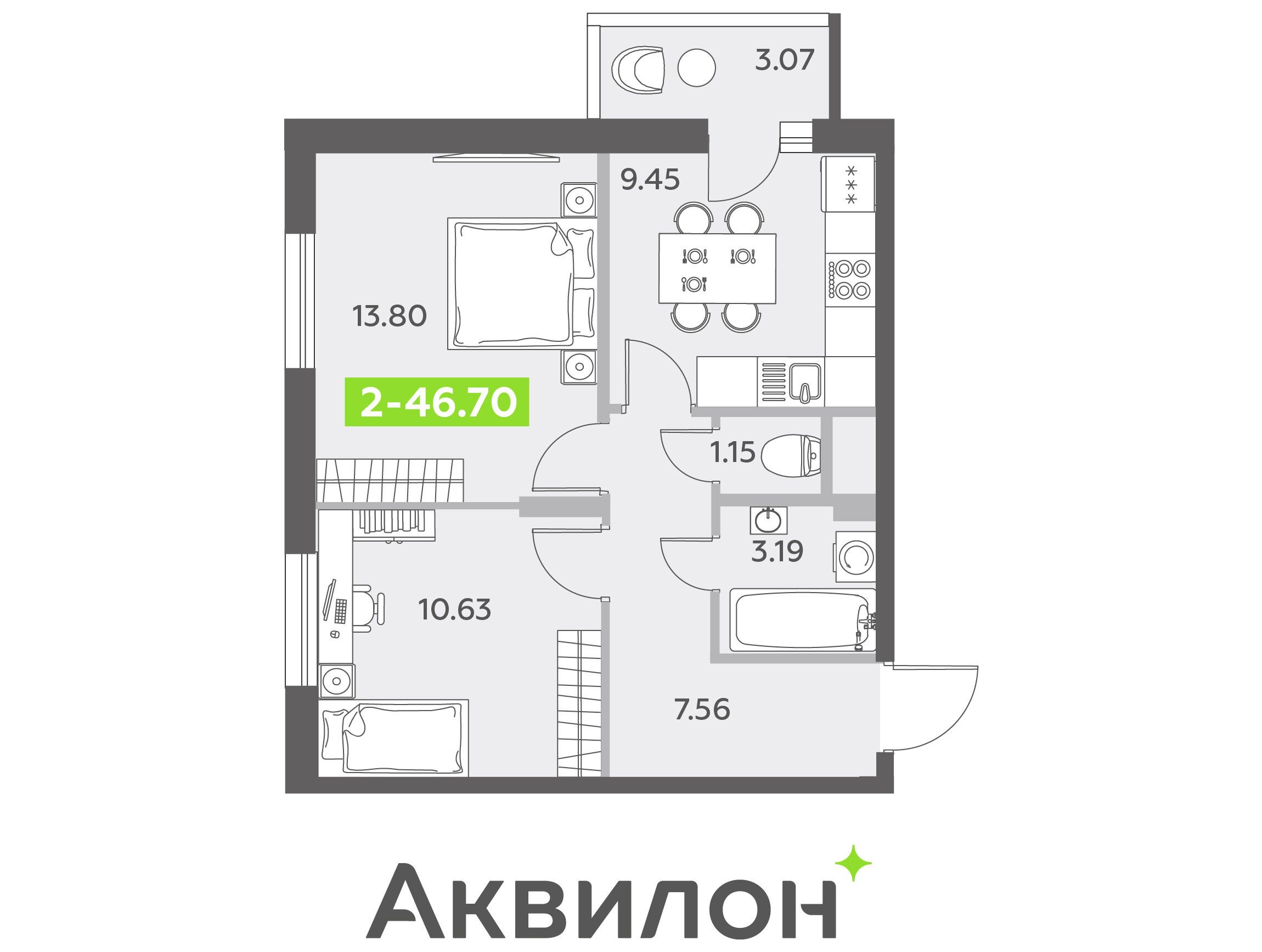 Планировка: 2-комн. квартира 46.80 м² в новостройке Аквилон олл ин 3.0