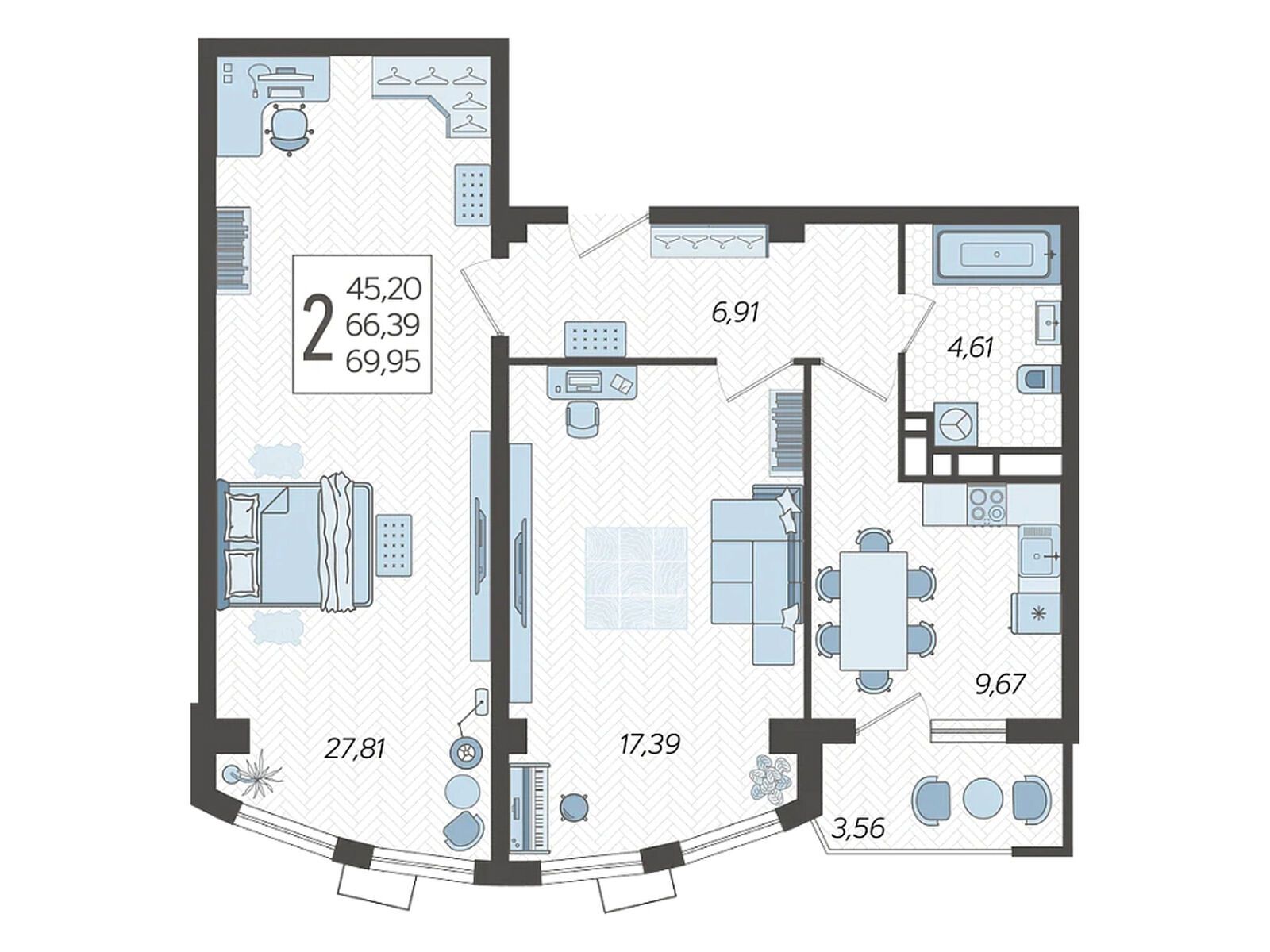 Планировка: 2-комн. квартира 69.95 м² в новостройке Режиссер