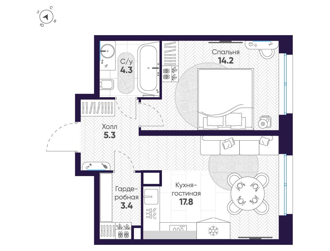 Планировка: 1-комн. квартира 45.00 м² в новостройке ЛДМ