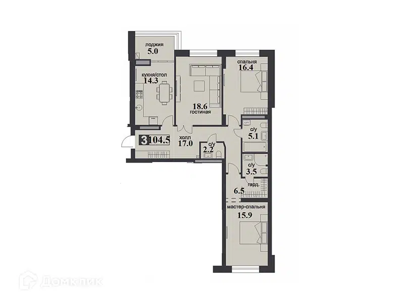 Планировка: 3-комн. квартира 104.50 м² в новостройке Надежда