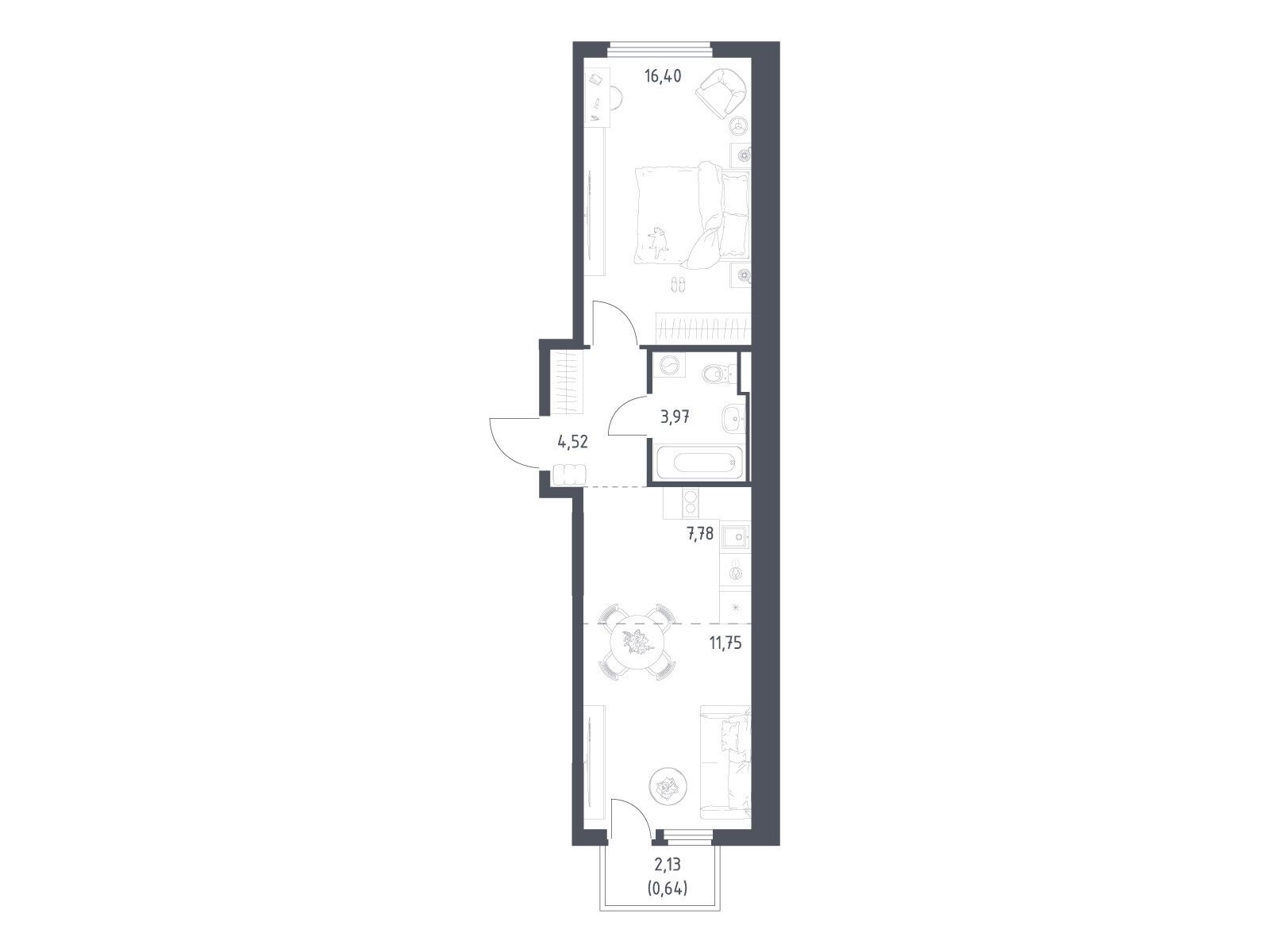Планировка: 1-комн. квартира 45.06 м² в новостройке Остафьево