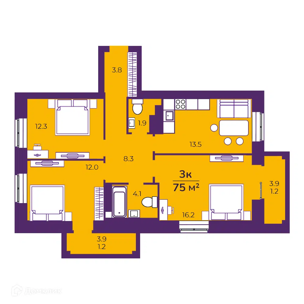 Планировка: 3-комн. квартира 74.46 м² в новостройке Квартал 33