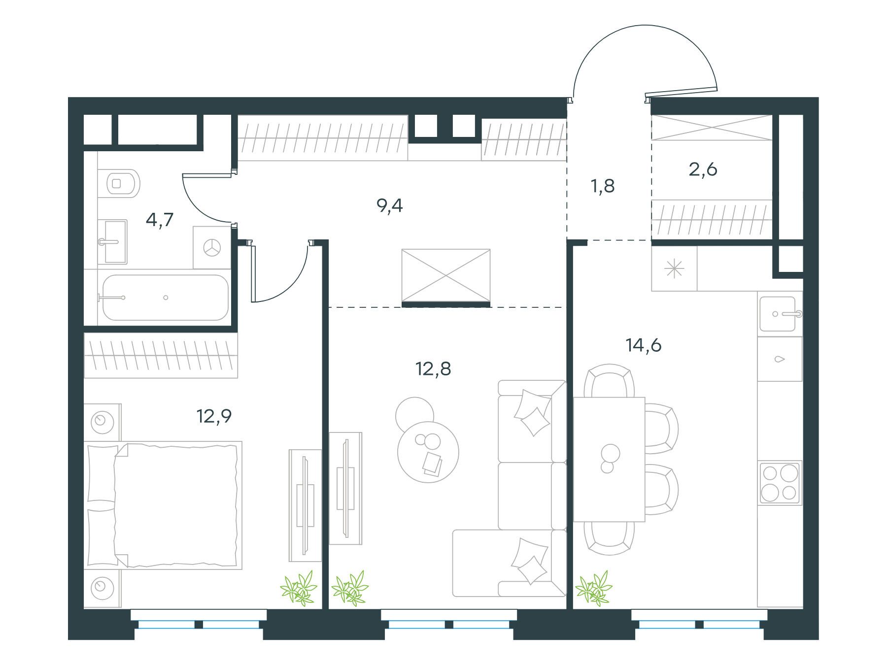 Планировка: 2-комн. квартира 58.80 м² в новостройке Левел Нижегородская