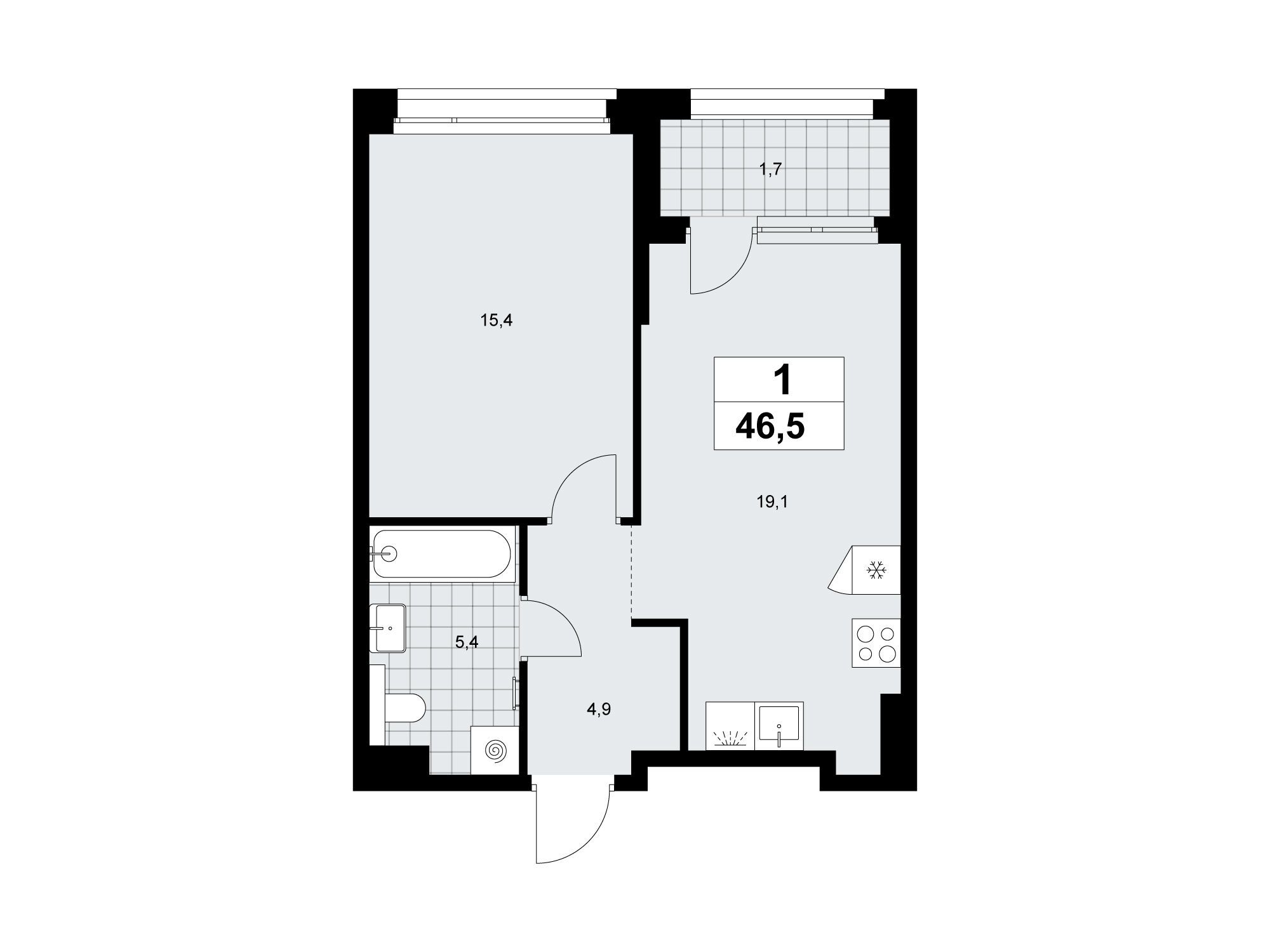 Планировка: 1-комн. квартира 46.50 м² в новостройке Хольм