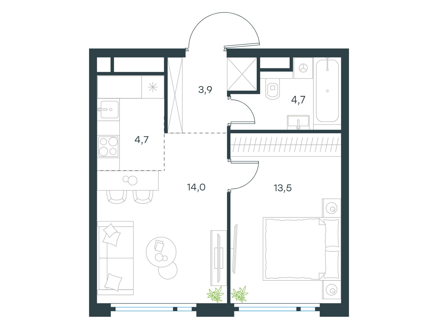 Планировка: 2-комн. квартира 40.80 м² в новостройке Левел Нижегородская