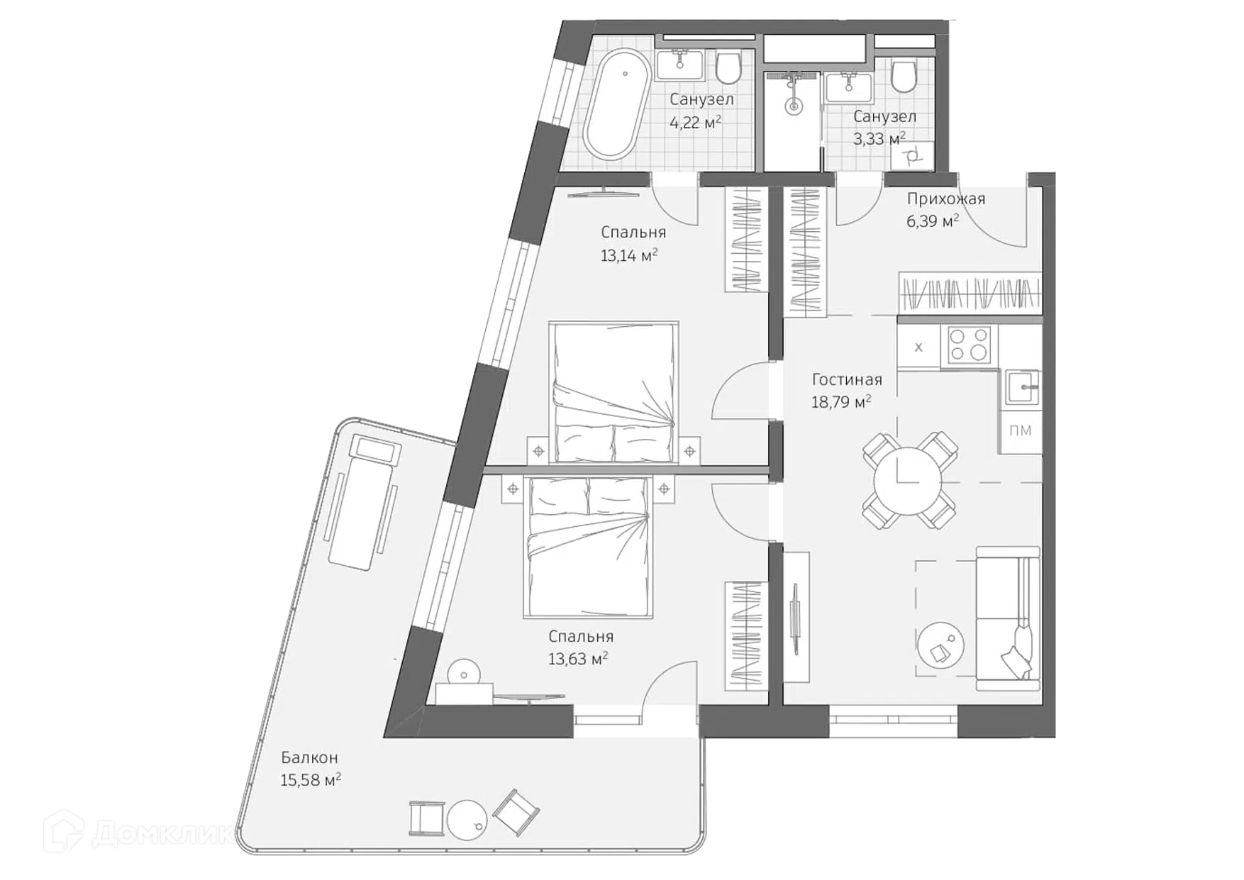 Планировка: 3-комн. квартира 75.08 м² в новостройке Реликт