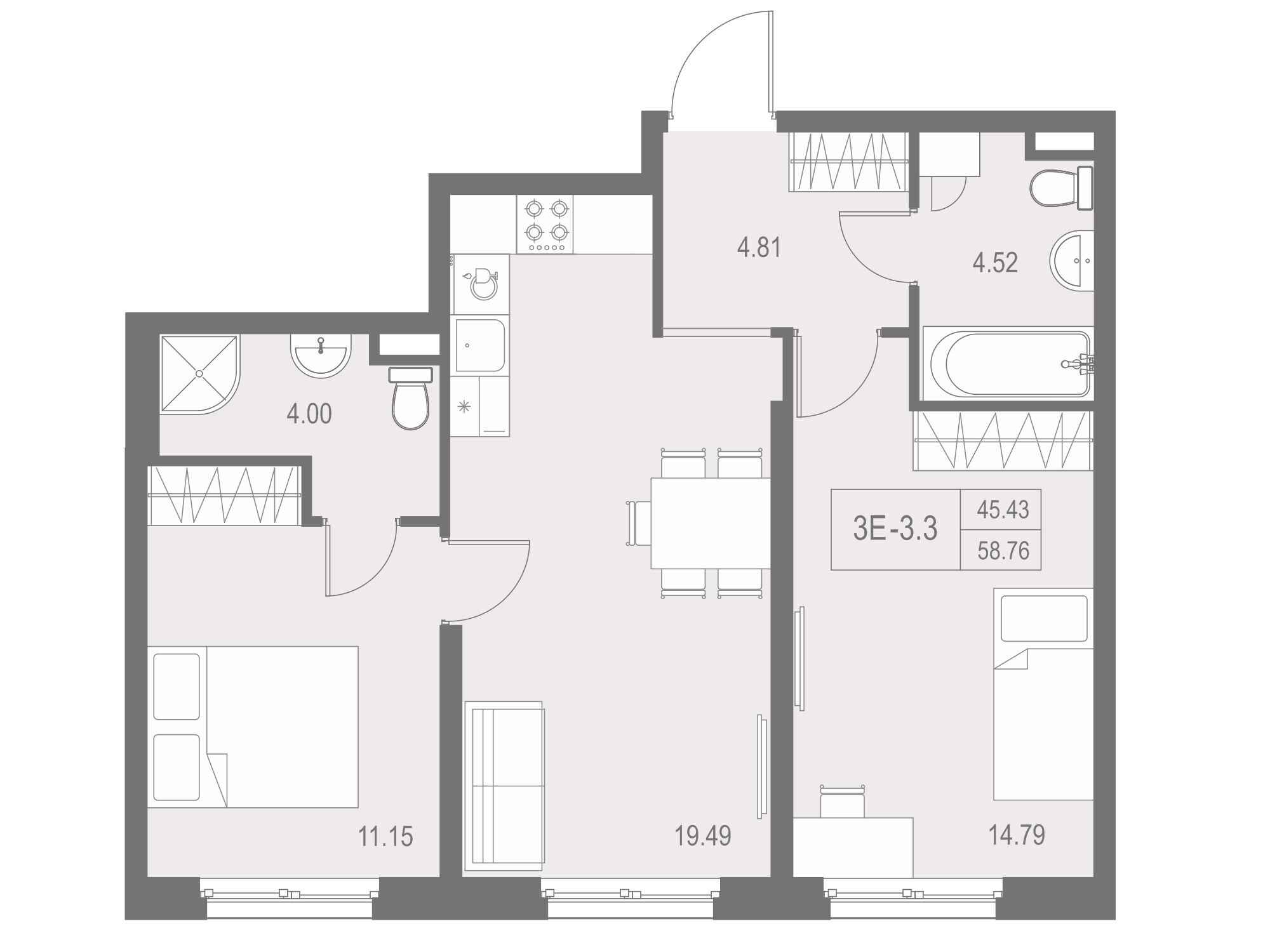 Планировка: 2-комн. квартира 58.76 м² в новостройке Зум на Неве