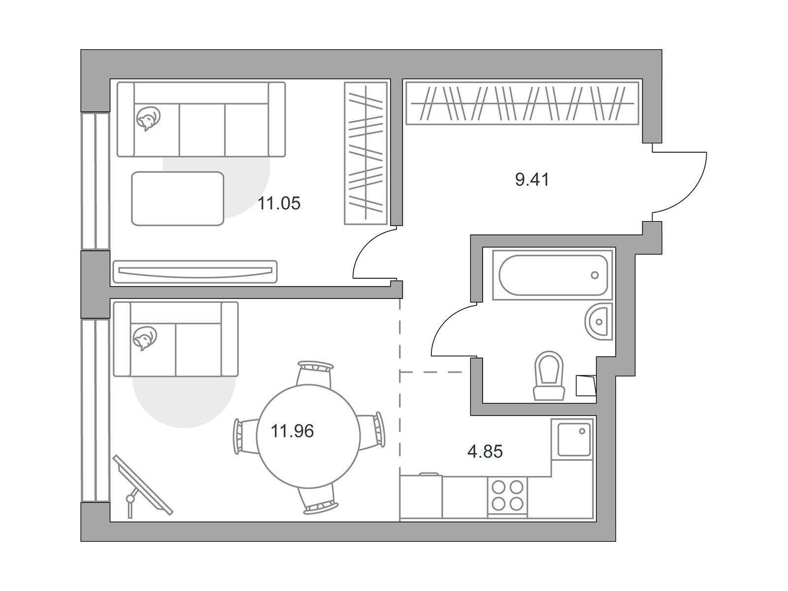 Планировка: 2-комн. квартира 41.42 м² в новостройке Тринити