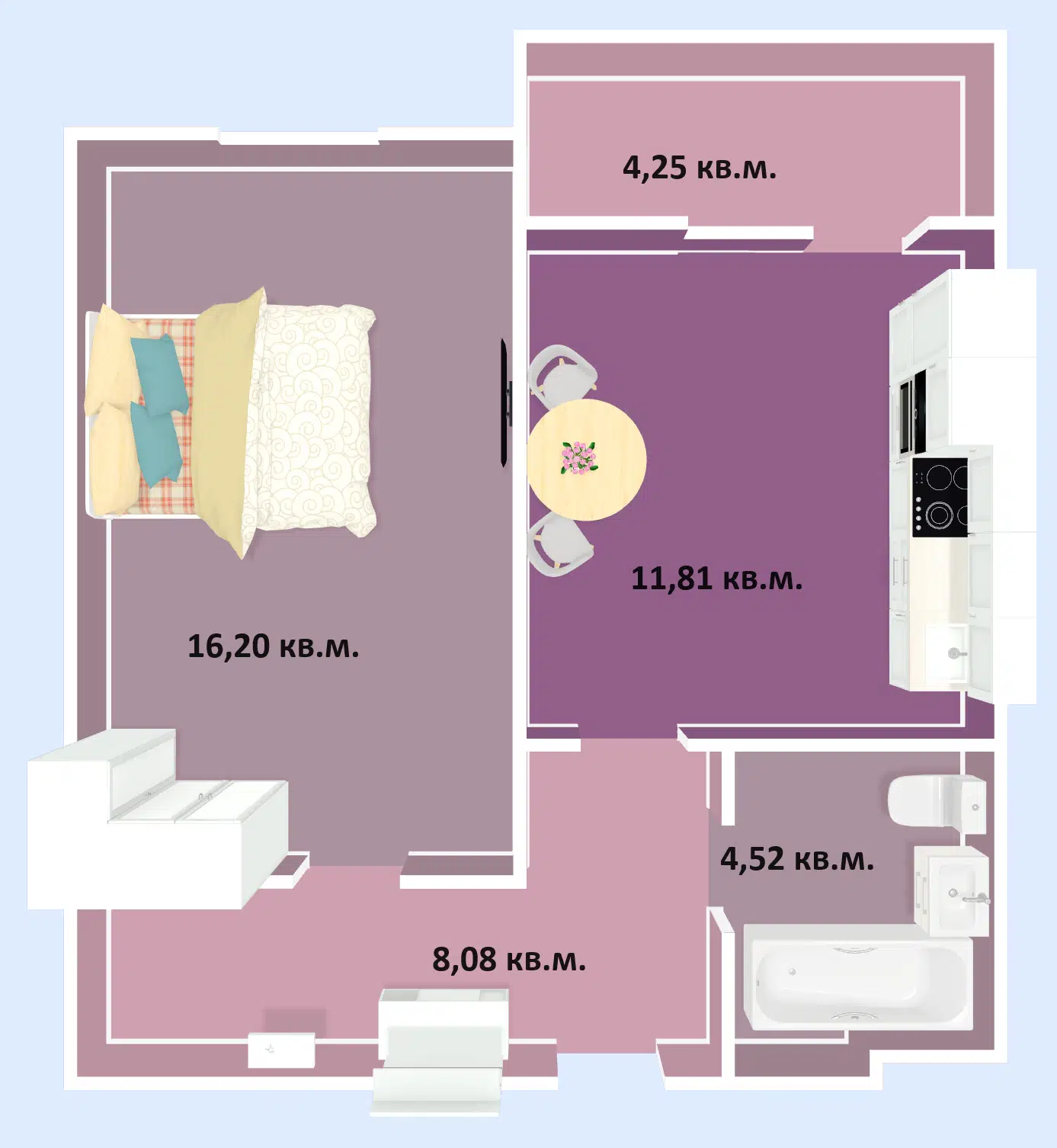 Планировка: 1-комн. квартира 44.86 м² в новостройке Успех