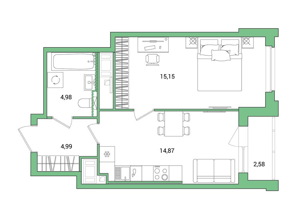 Планировка: 1-комн. квартира 41.28 м² в новостройке Окла