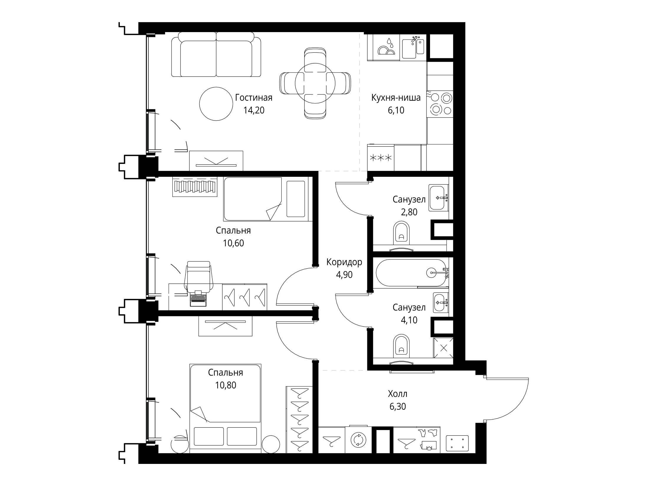 Планировка: 2-комн. квартира 60.10 м² в новостройке Сет
