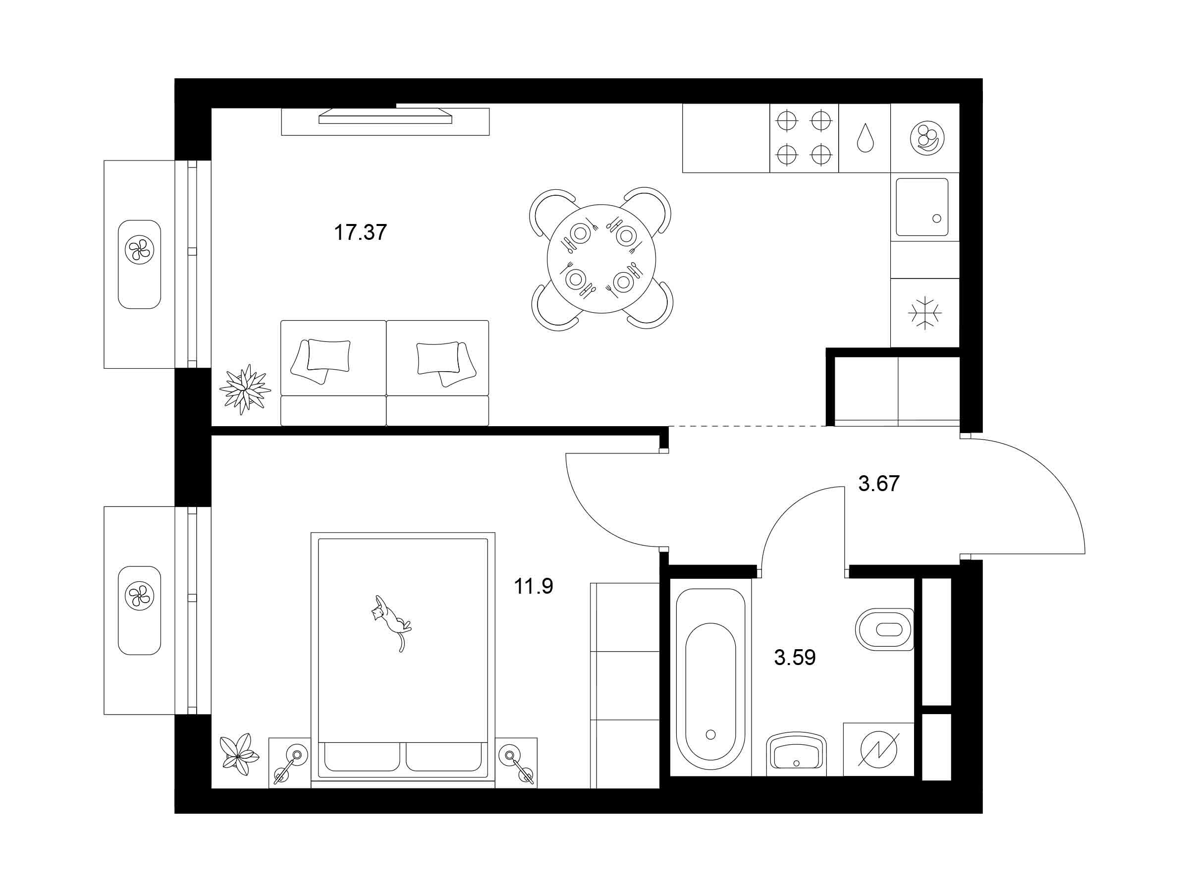 Планировка: 1-комн. квартира 36.36 м² в новостройке Квартал Мит