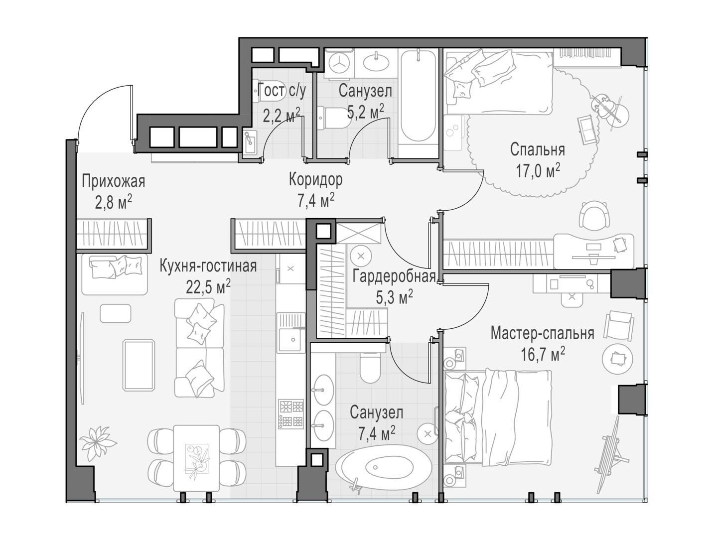 Планировка: 2-комн. квартира 86.20 м² в новостройке Лайф тайм