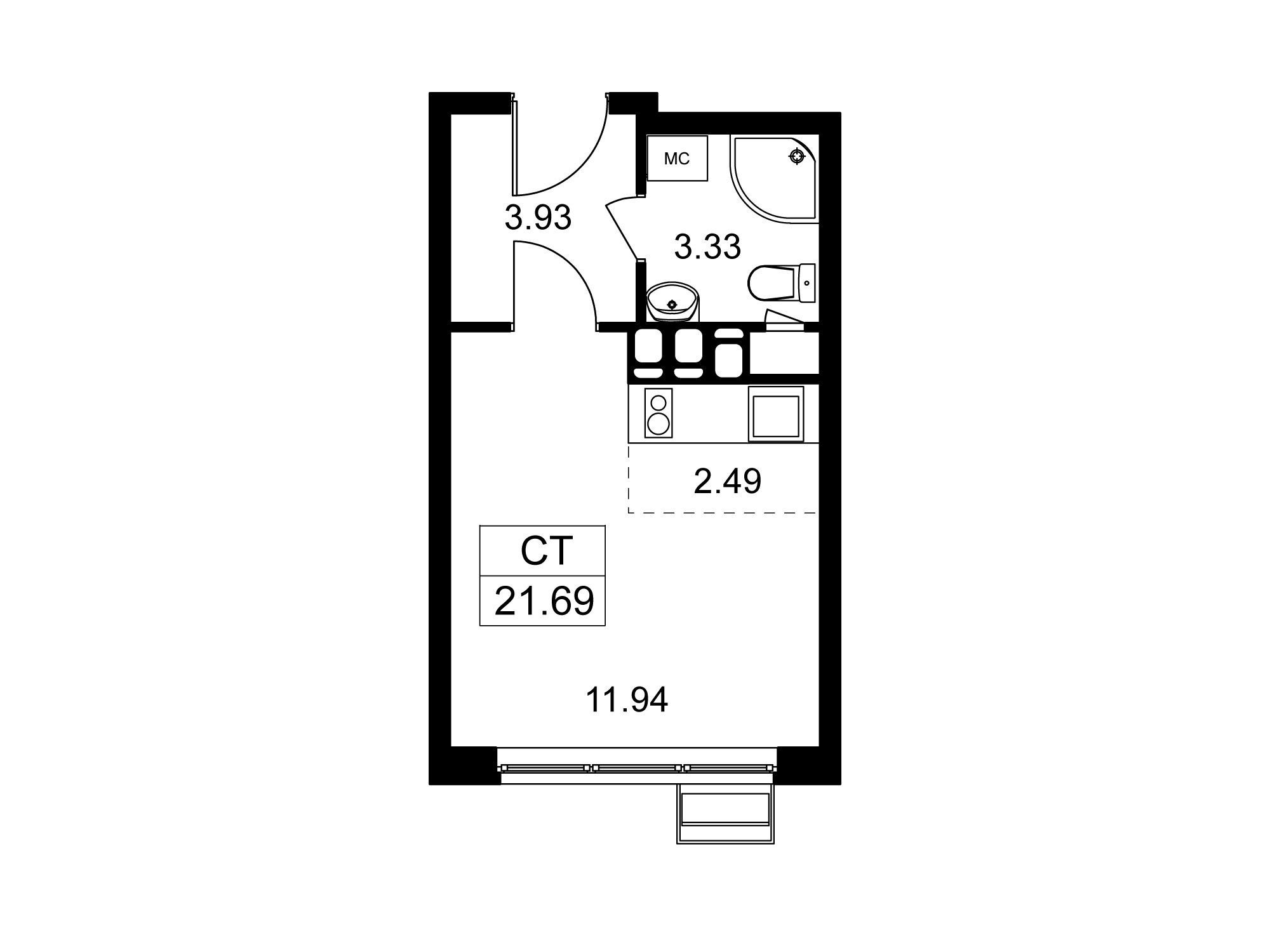 Планировка: Студия 21.69 м² в новостройке Новотомилино