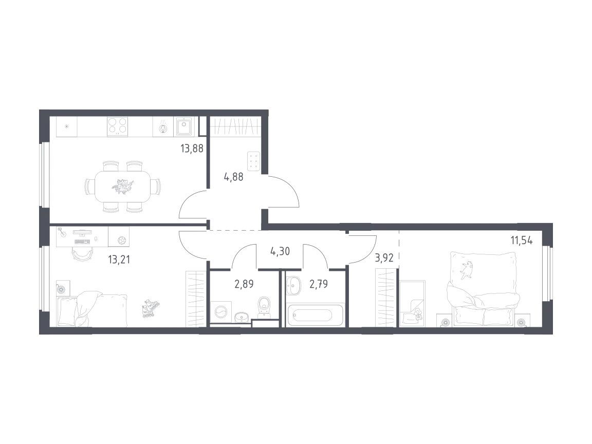 Планировка: 2-комн. квартира 57.41 м² в новостройке Егорово Парк