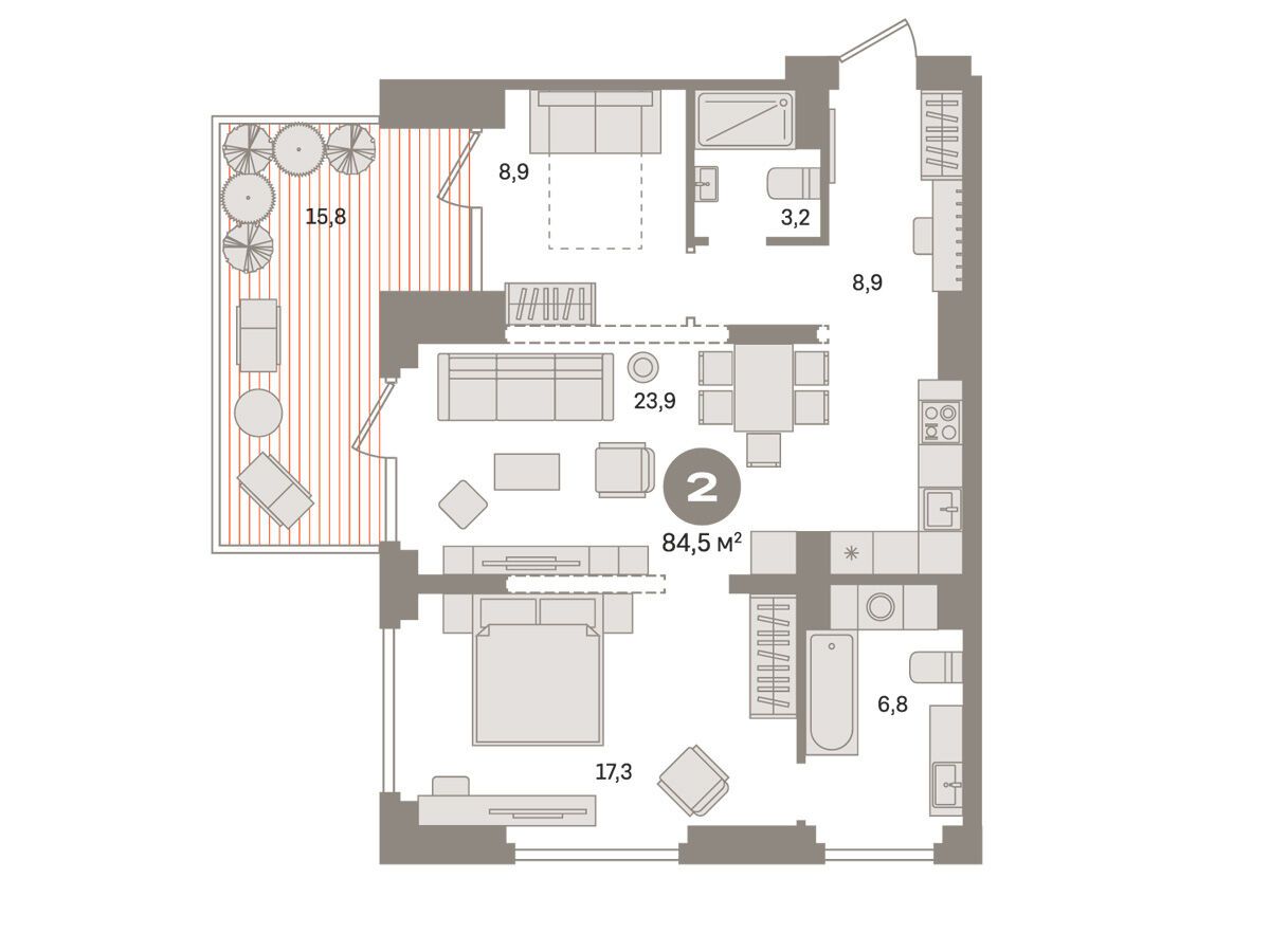 Планировка: 1-комн. квартира 84.50 м² в новостройке Первый квартал