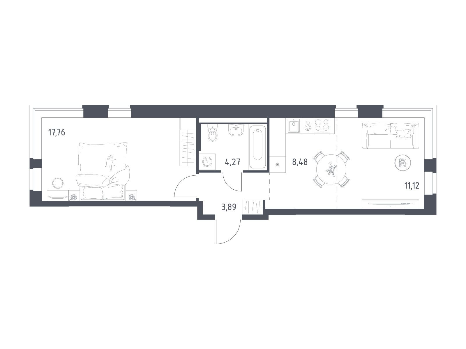 Планировка: 1-комн. квартира 45.52 м² в новостройке Новое Видное