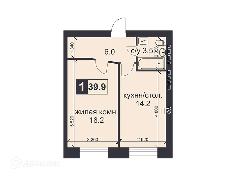 Планировка: 1-комн. квартира 39.90 м² в новостройке Михайловский