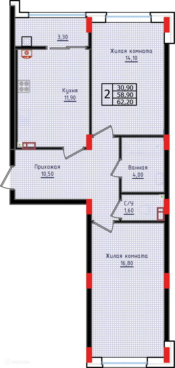 Планировка: 2-комн. квартира 62.20 м² в новостройке Суворов