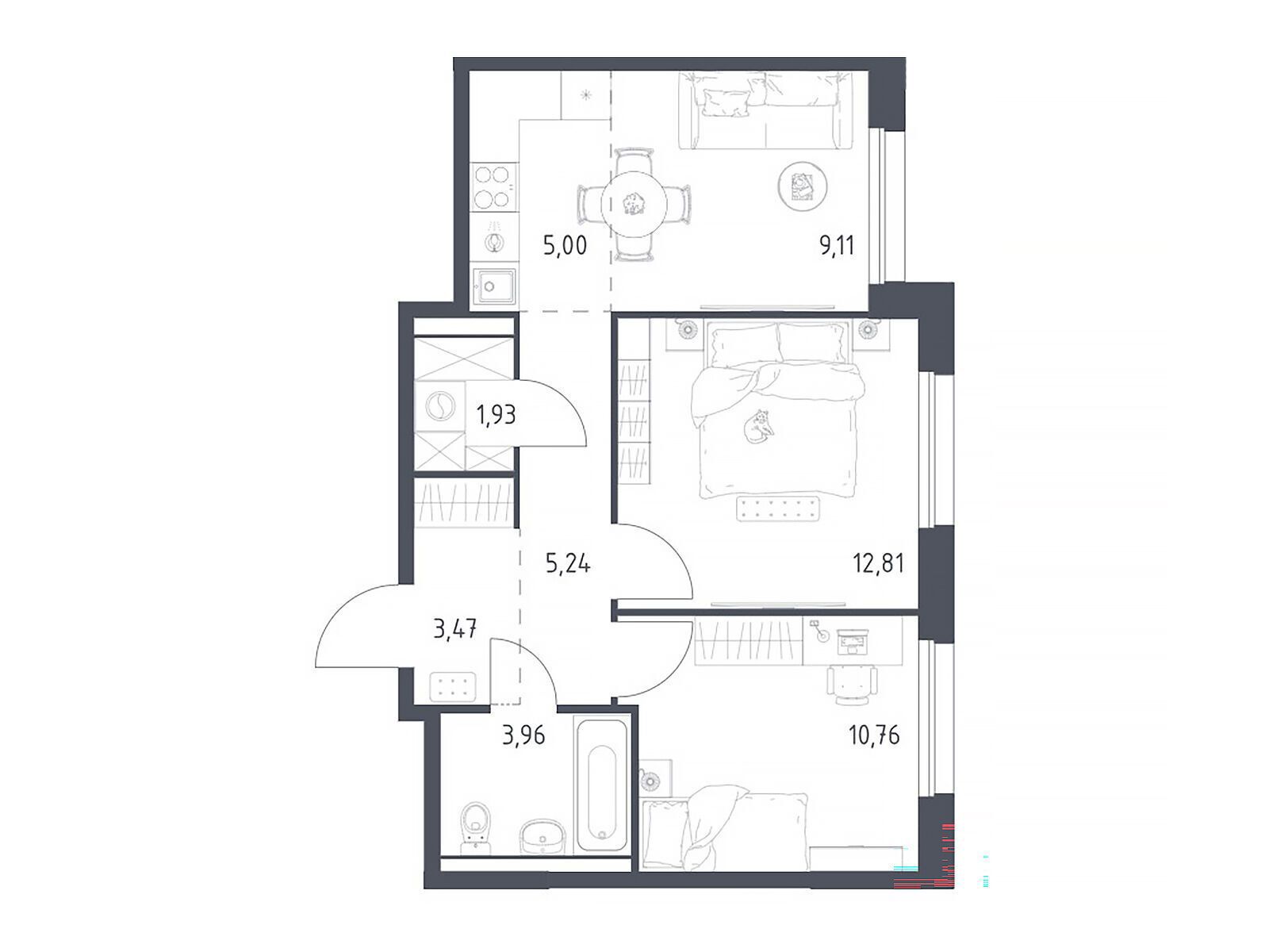 Планировка: 2-комн. квартира 52.28 м² в новостройке Прибрежный Парк