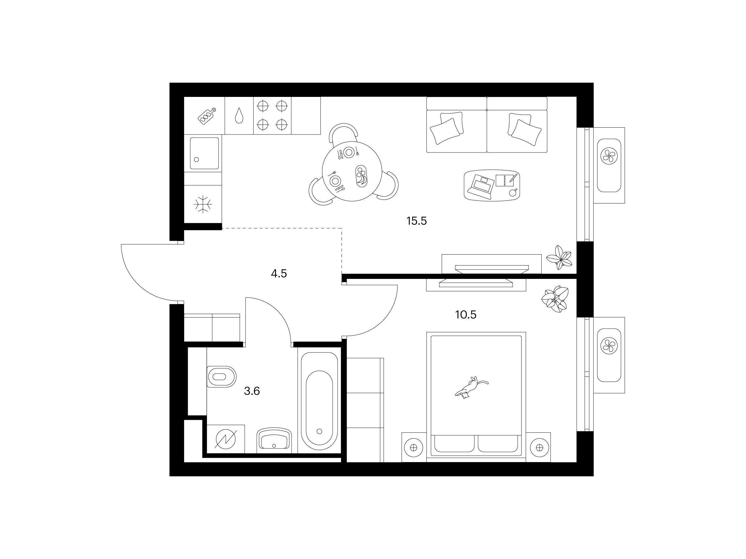 Планировка: 1-комн. квартира 34.10 м² в новостройке Митинский лес