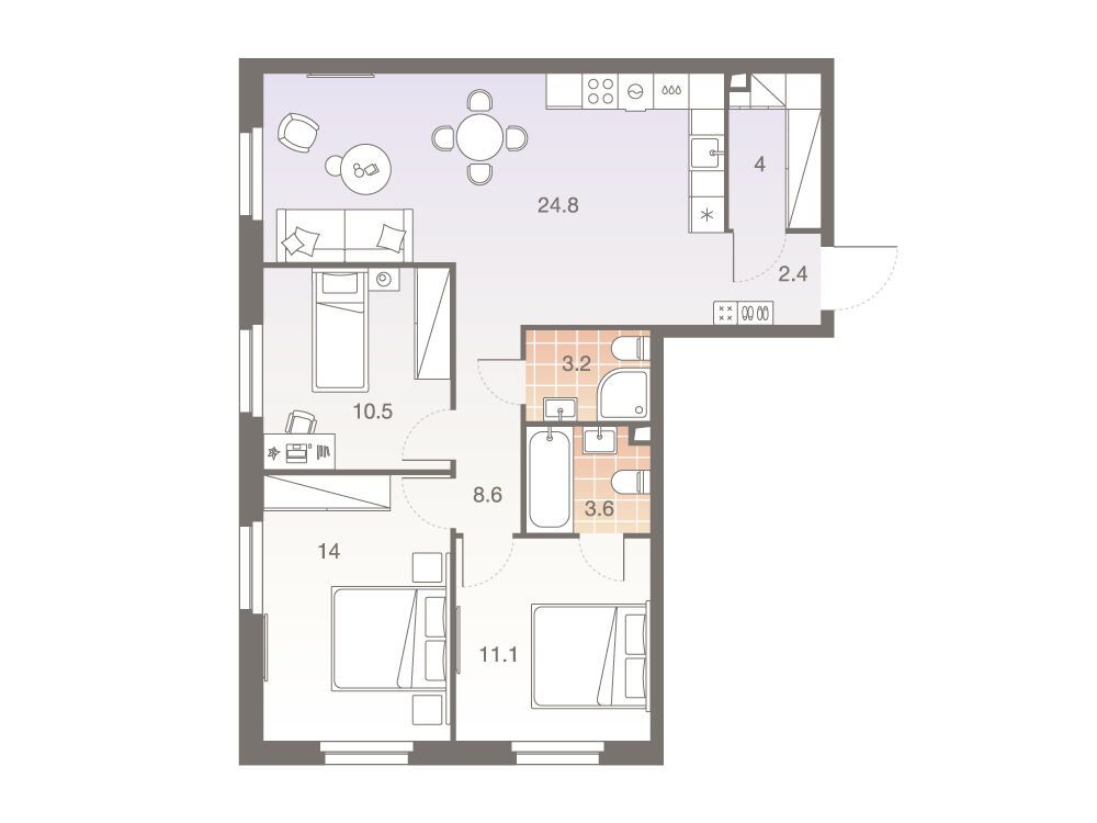 Планировка: 4-комн. квартира 82.80 м² в новостройке Твелв