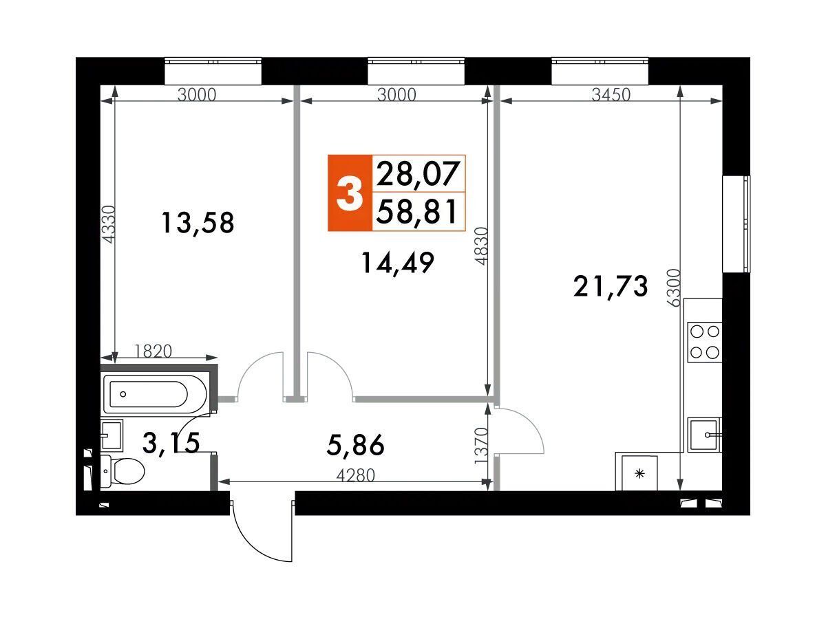 Планировка: 2-комн. квартира 58.80 м² в новостройке Парк Апрель