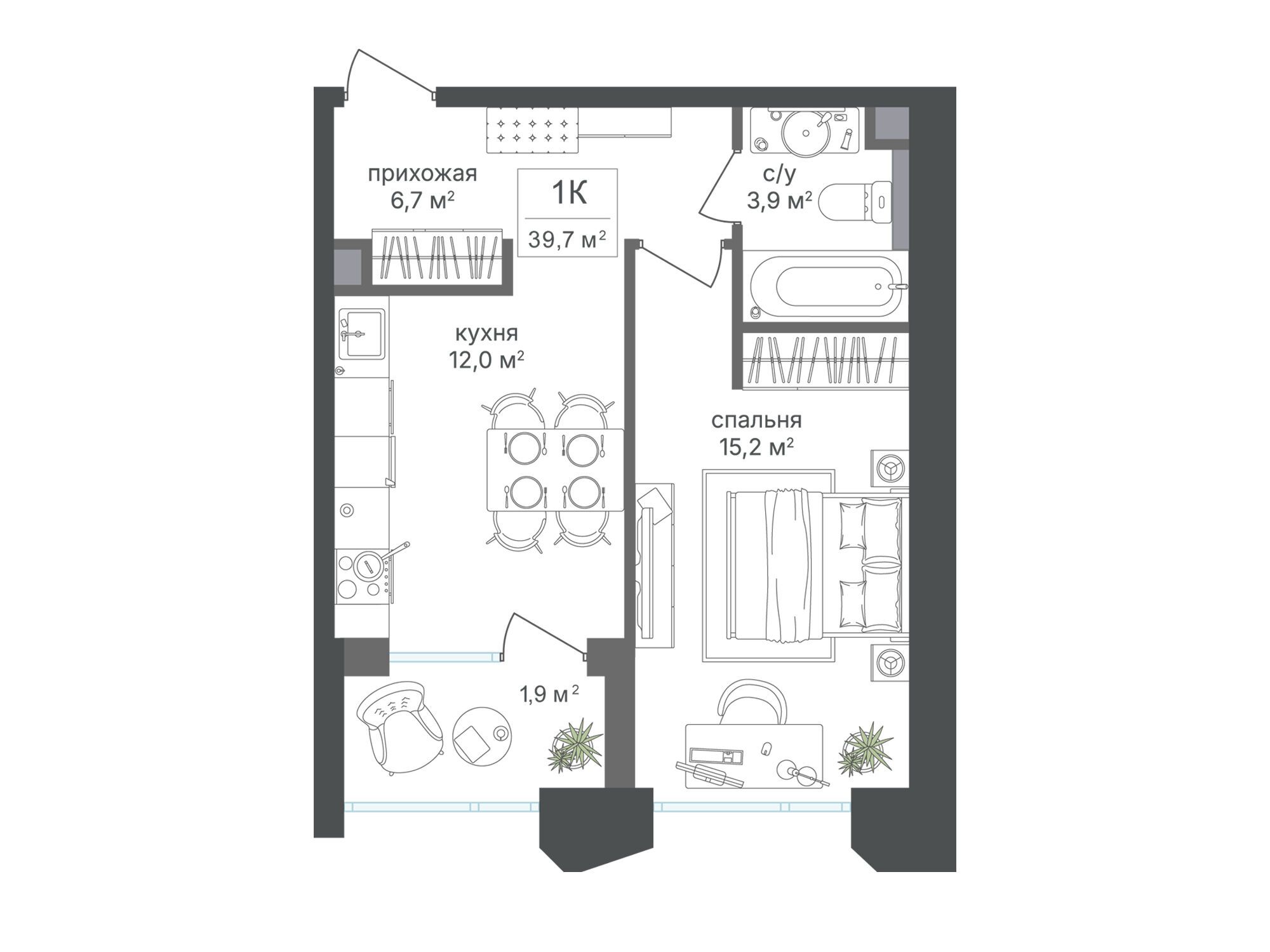 Планировка: 1-комн. квартира 39.70 м² в новостройке ЖК Петровский парк II