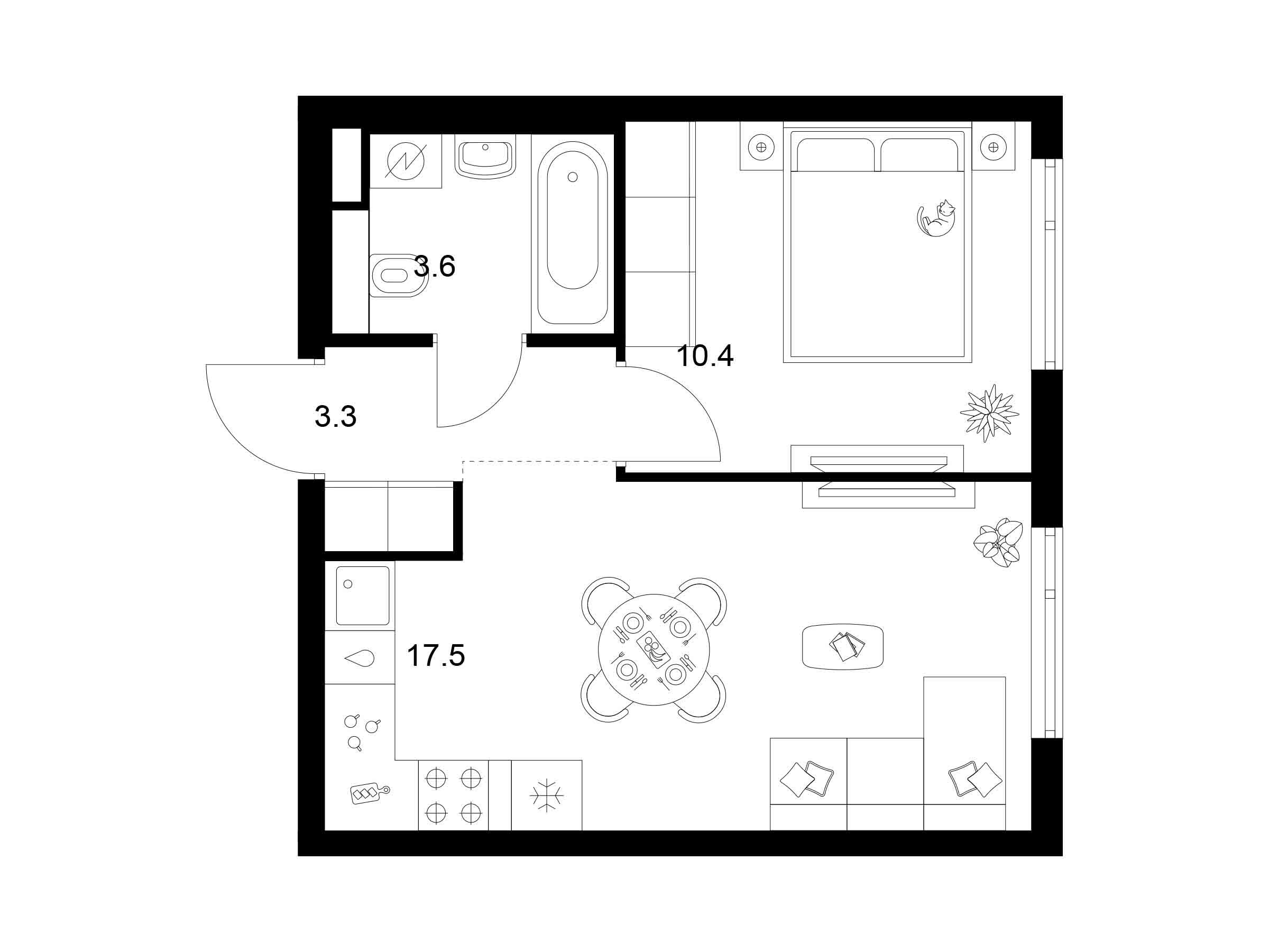 Планировка: 1-комн. квартира 34.80 м² в новостройке Руставели 14