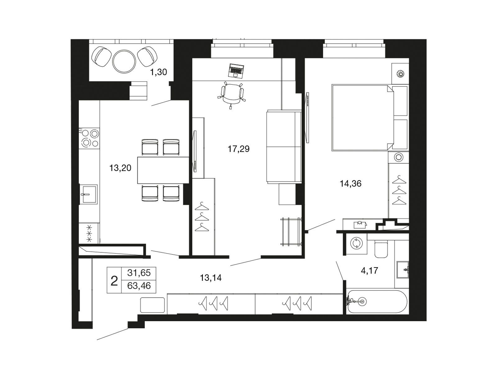 Планировка: 2-комн. квартира 63.50 м² в новостройке ЖК Времена года (Апрелевка)