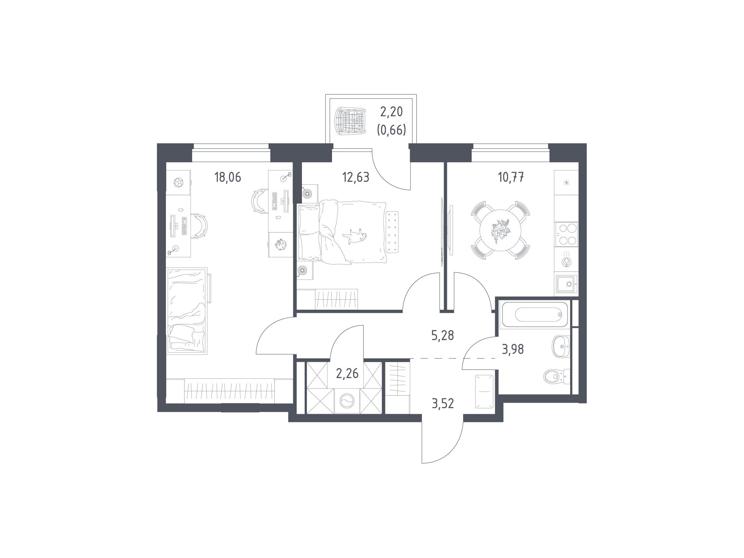 Планировка: 2-комн. квартира 57.16 м² в новостройке Богдановский Лес