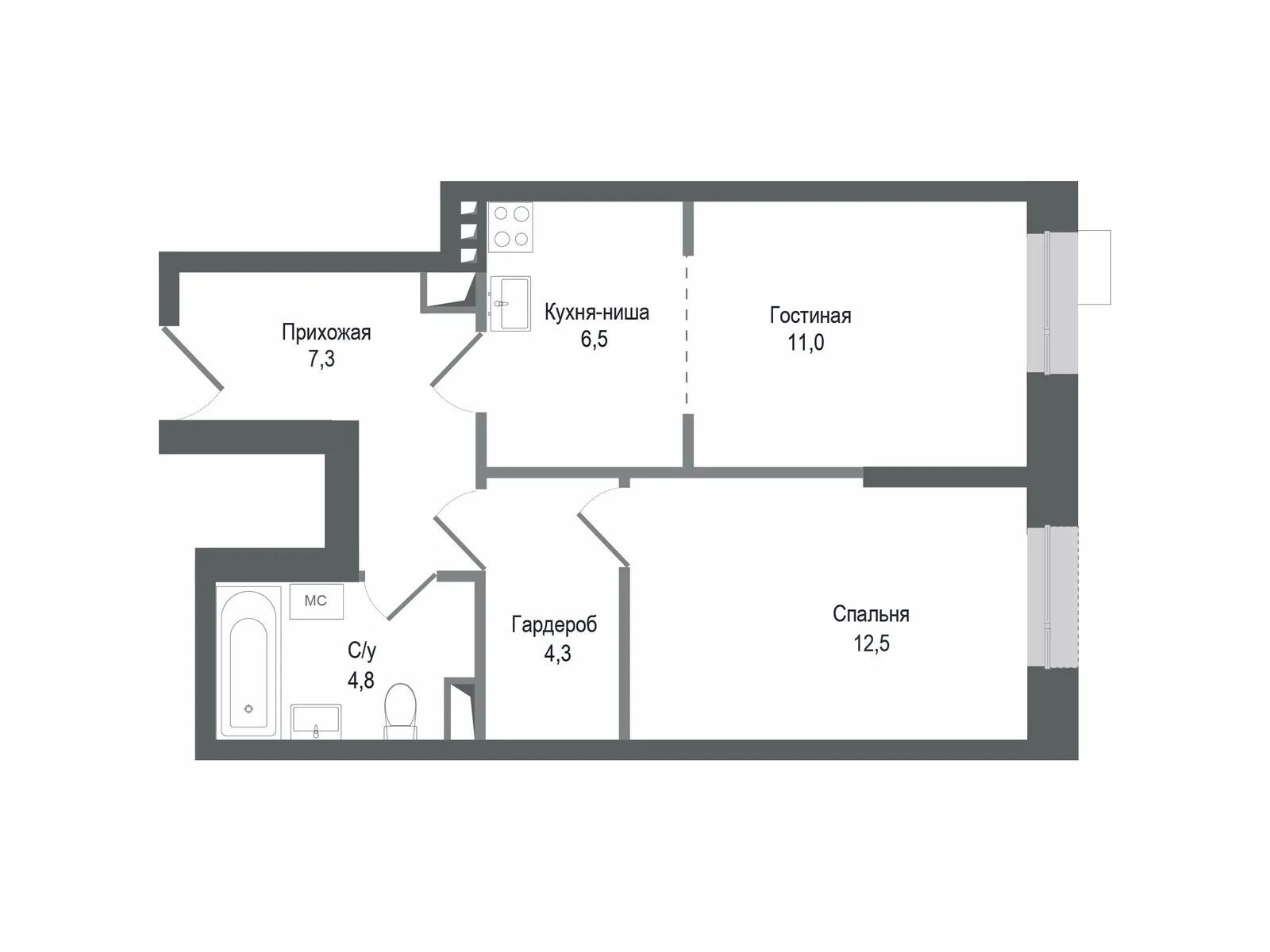 Планировка: 2-комн. квартира 46.40 м² в новостройке Киноквартал