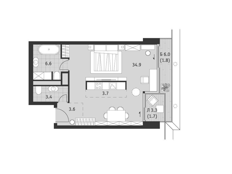 Планировка: 1-комн. квартира 55.70 м² в новостройке Бадаевский