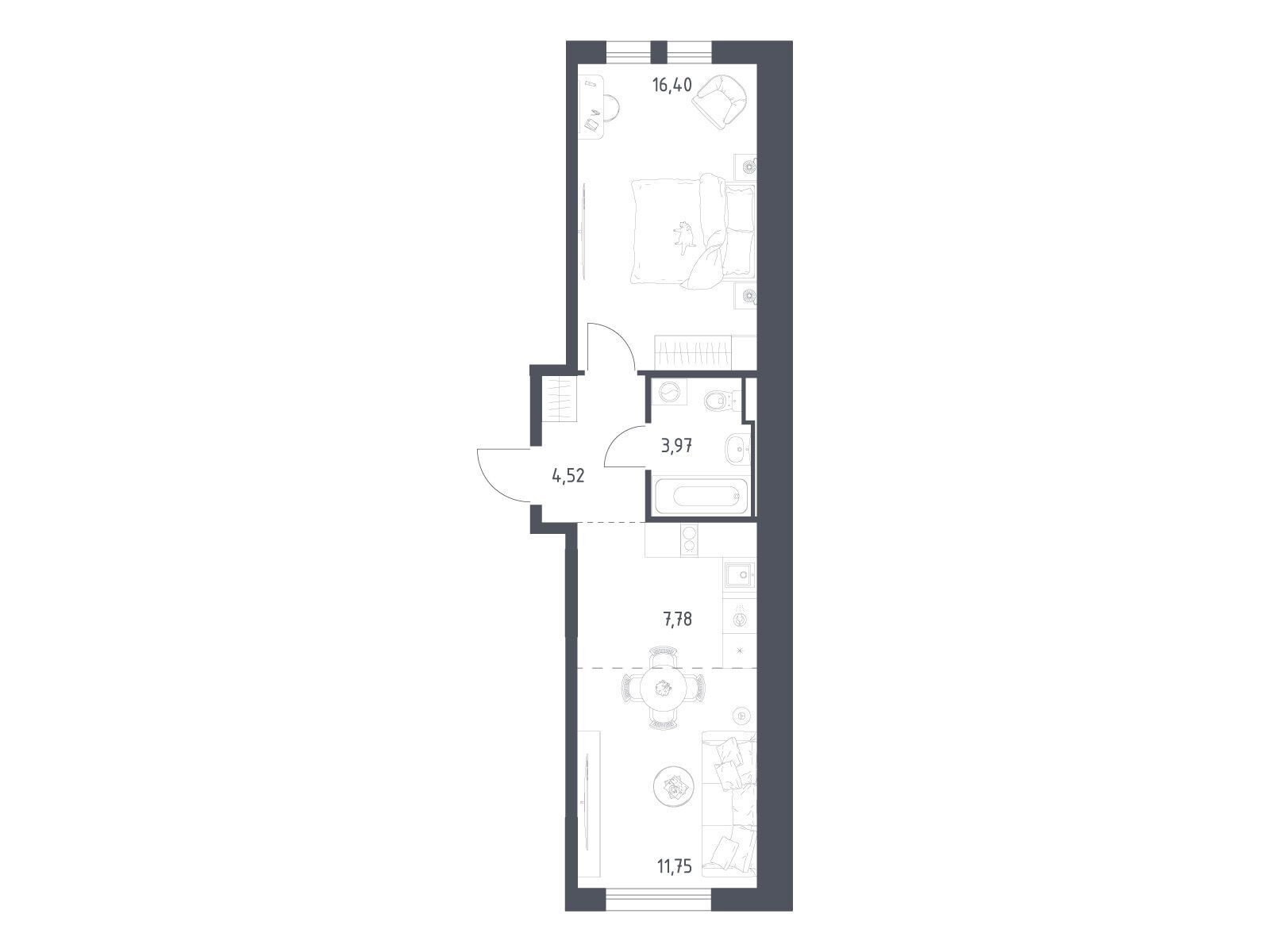 Планировка: 1-комн. квартира 44.42 м² в новостройке Остафьево