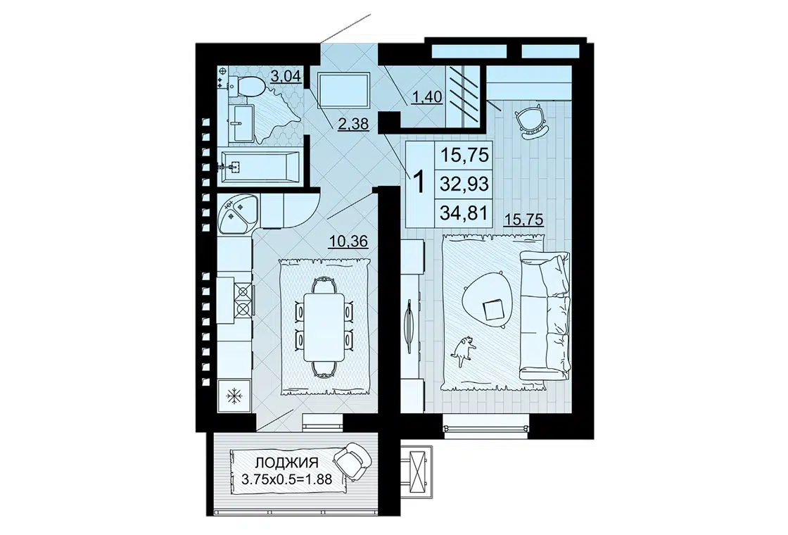 Планировка: 1-комн. квартира 34.81 м² в новостройке Парковый