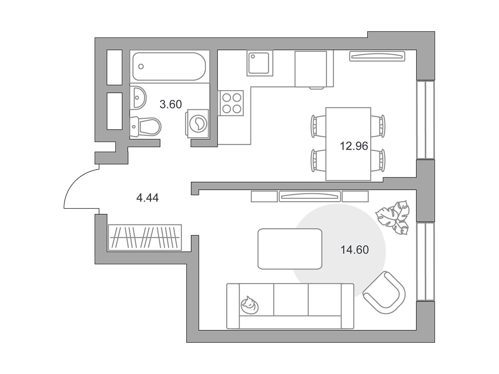 Планировка: 1-комн. квартира 35.60 м² в новостройке Живописный