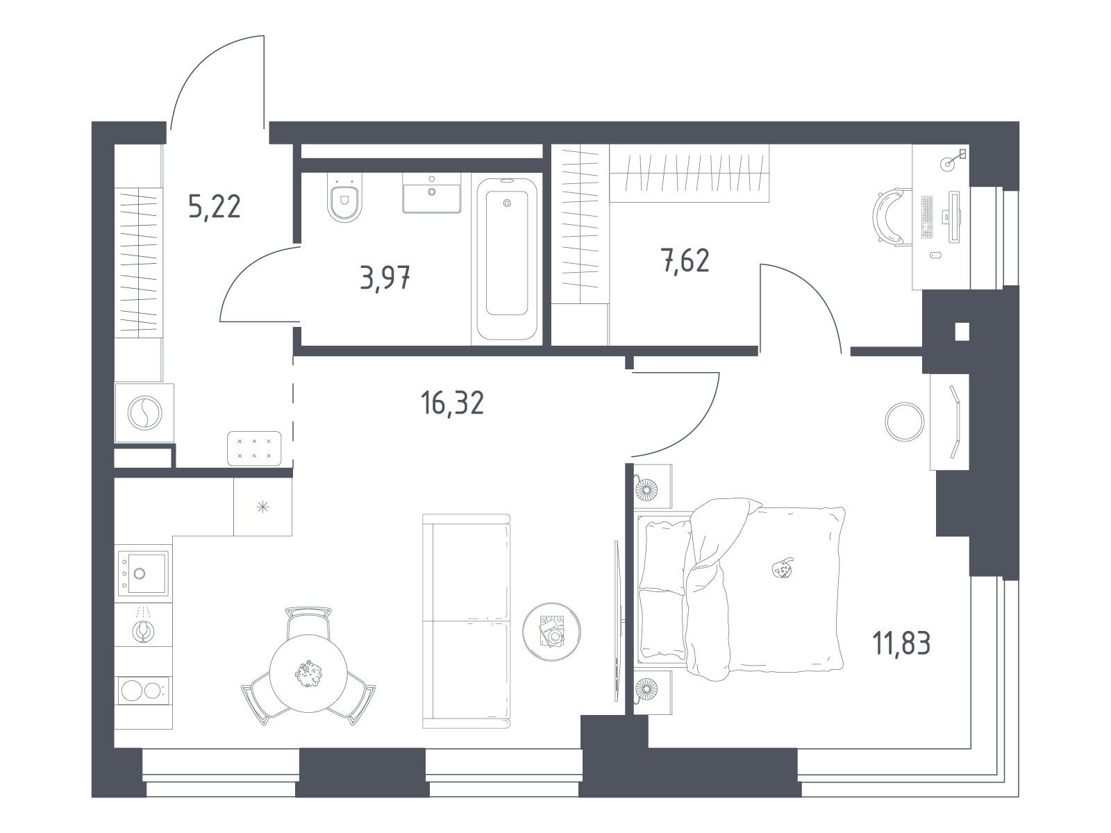 Планировка: 1-комн. квартира 44.96 м² в новостройке Литературный Квартал