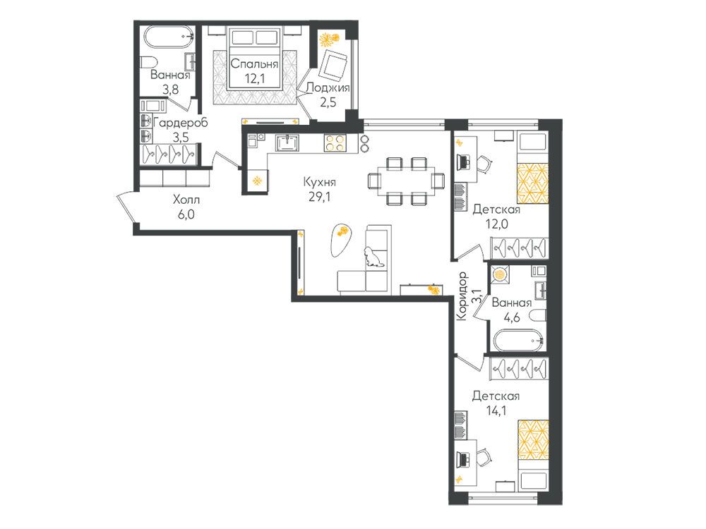Планировка: 3-комн. квартира 89.60 м² в новостройке ЖК Кронунг Юг