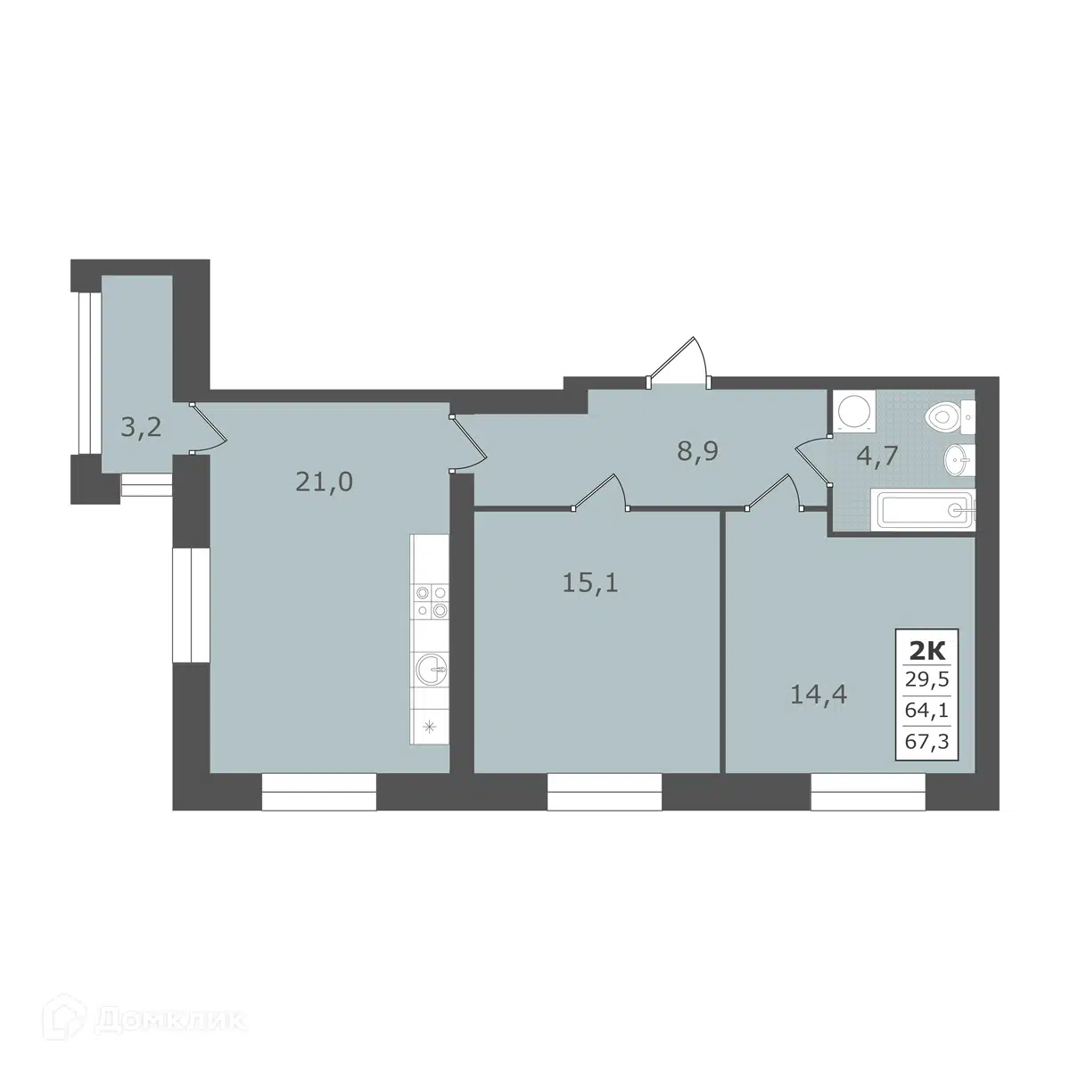 Планировка: 2-комн. квартира 67.30 м² в новостройке Есенин