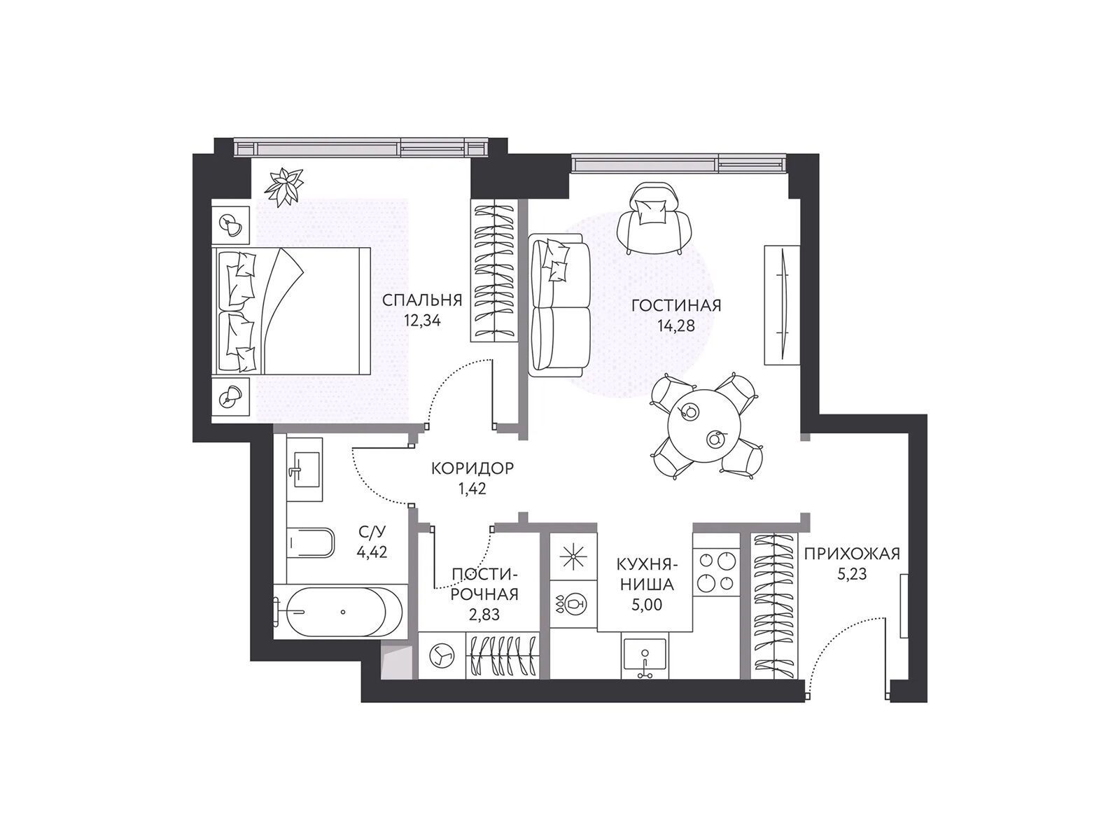 Планировка: 1-комн. квартира 45.70 м² в новостройке ЖК Хайд