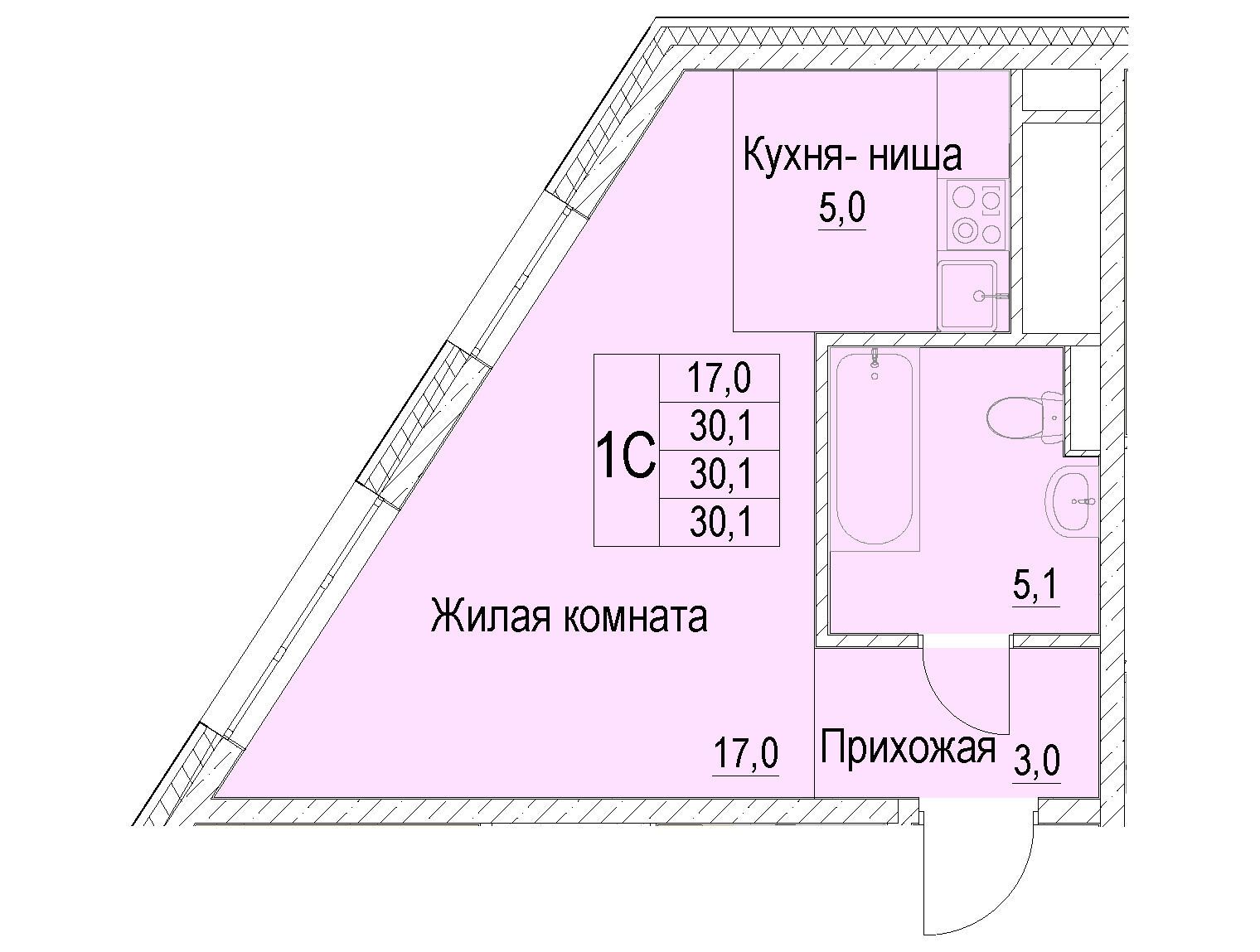 Планировка: Студия 30.10 м² в новостройке Отрадный
