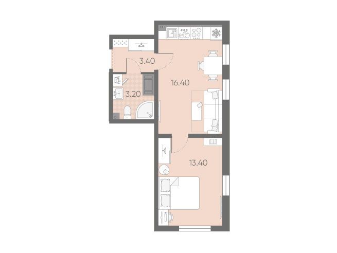 Планировка: 1-комн. квартира 36.40 м² в новостройке Октябрьская набережная