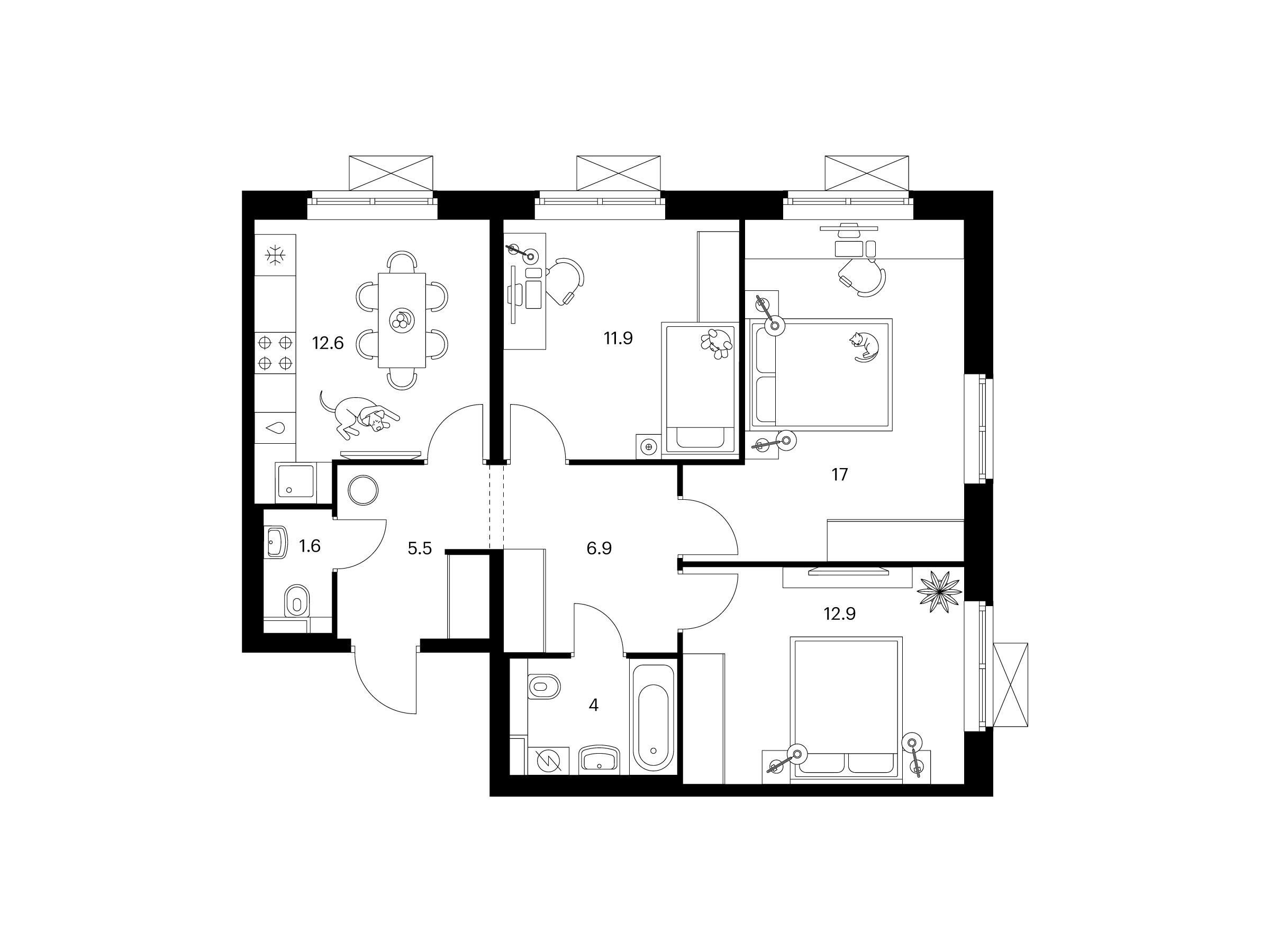 Планировка: 3-комн. квартира 72.40 м² в новостройке ЖК Люблинский парк