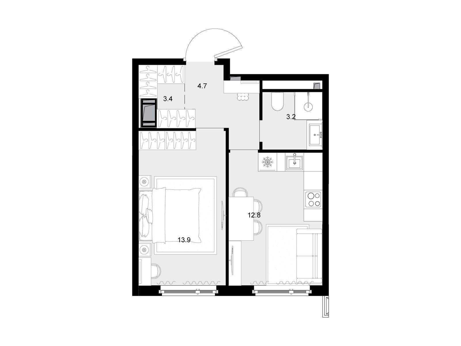 Планировка: 1-комн. квартира 37.80 м² в новостройке Малевич