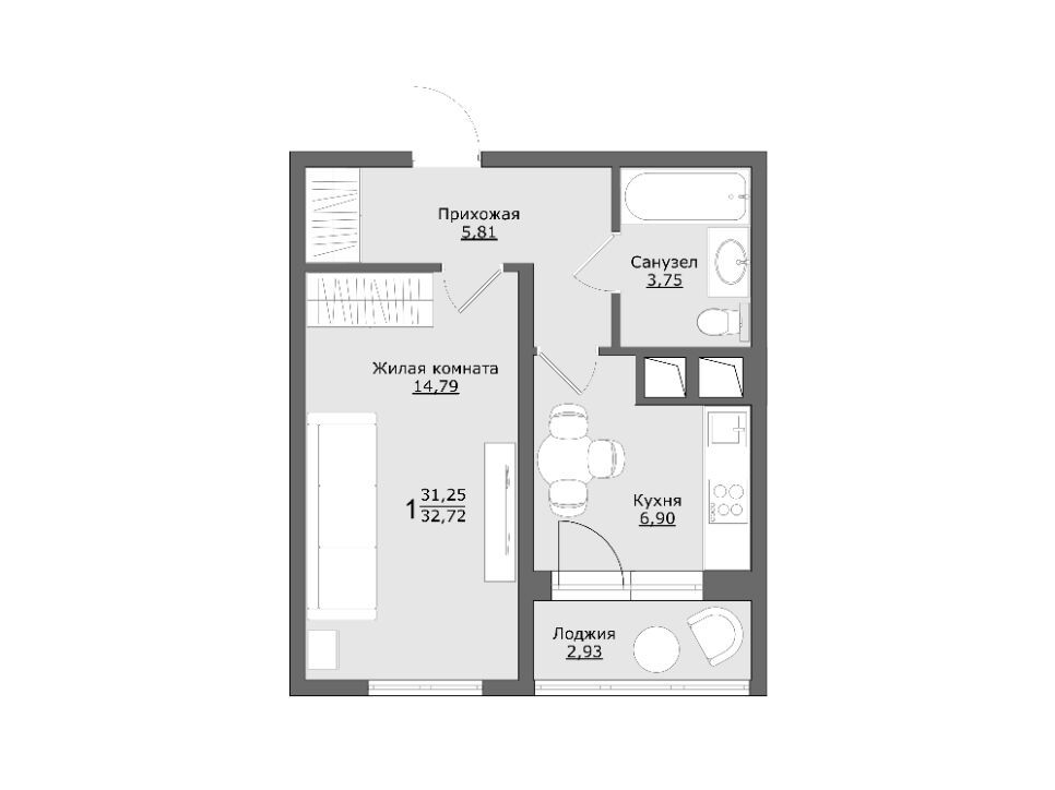 Планировка: 1-комн. квартира 32.72 м² в новостройке Клевер