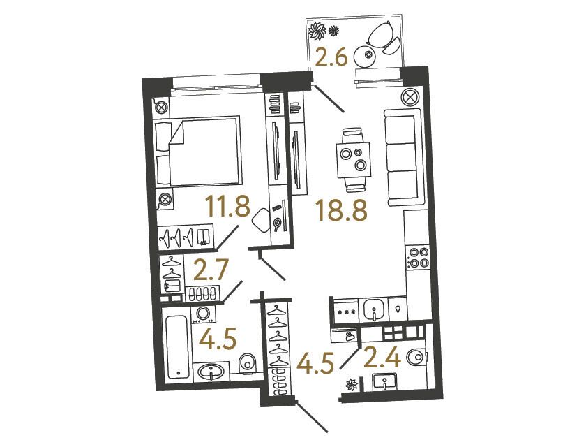 Планировка: 1-комн. квартира 44.70 м² в новостройке Цвет Зеленогорска