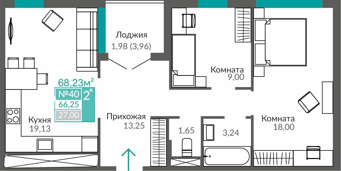 Планировка: 2-комн. квартира 66.25 м² в новостройке Абрикос-2