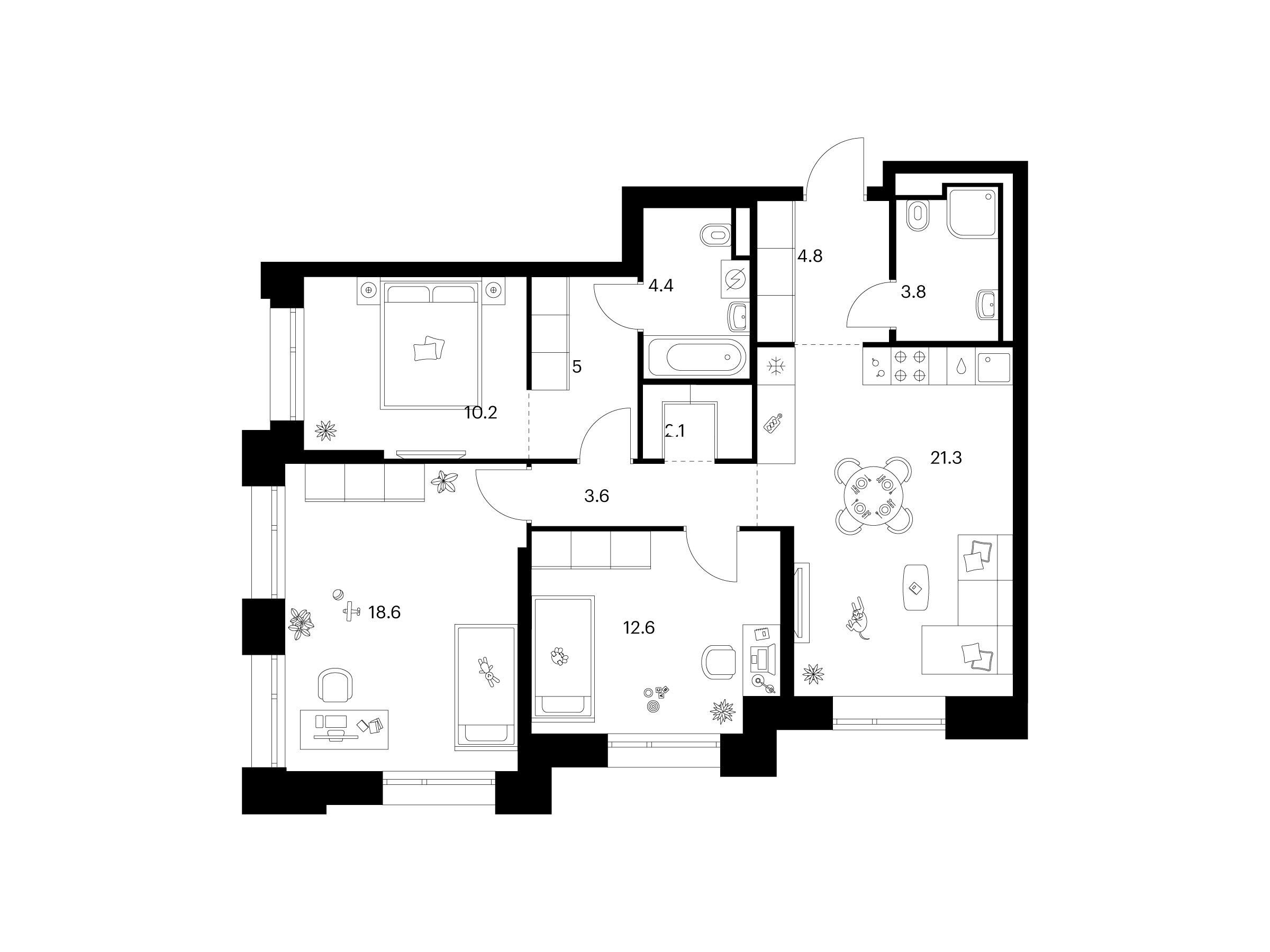 Планировка: 3-комн. квартира 86.40 м² в новостройке Середневский лес