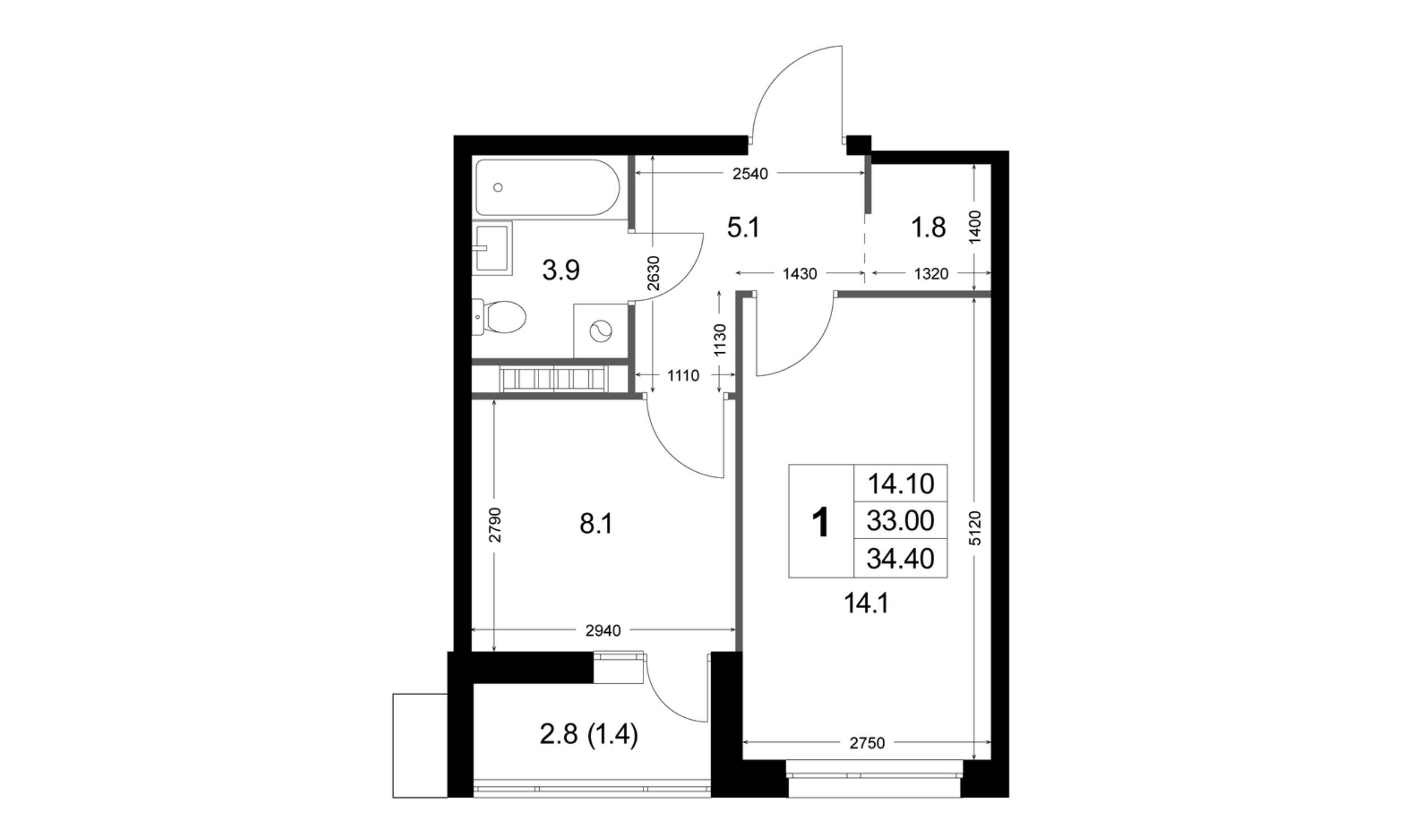 Планировка: 1-комн. квартира 32.90 м² в новостройке ЖК Легенда Коренёво