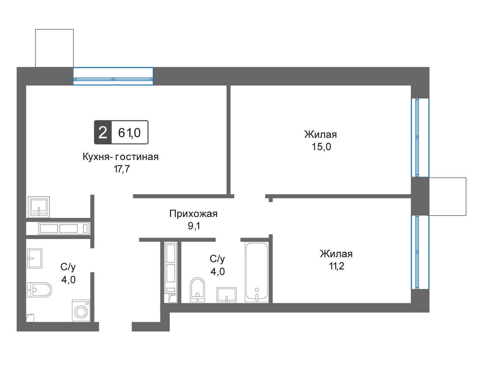 Планировка: 2-комн. квартира 61.00 м² в новостройке Отрада